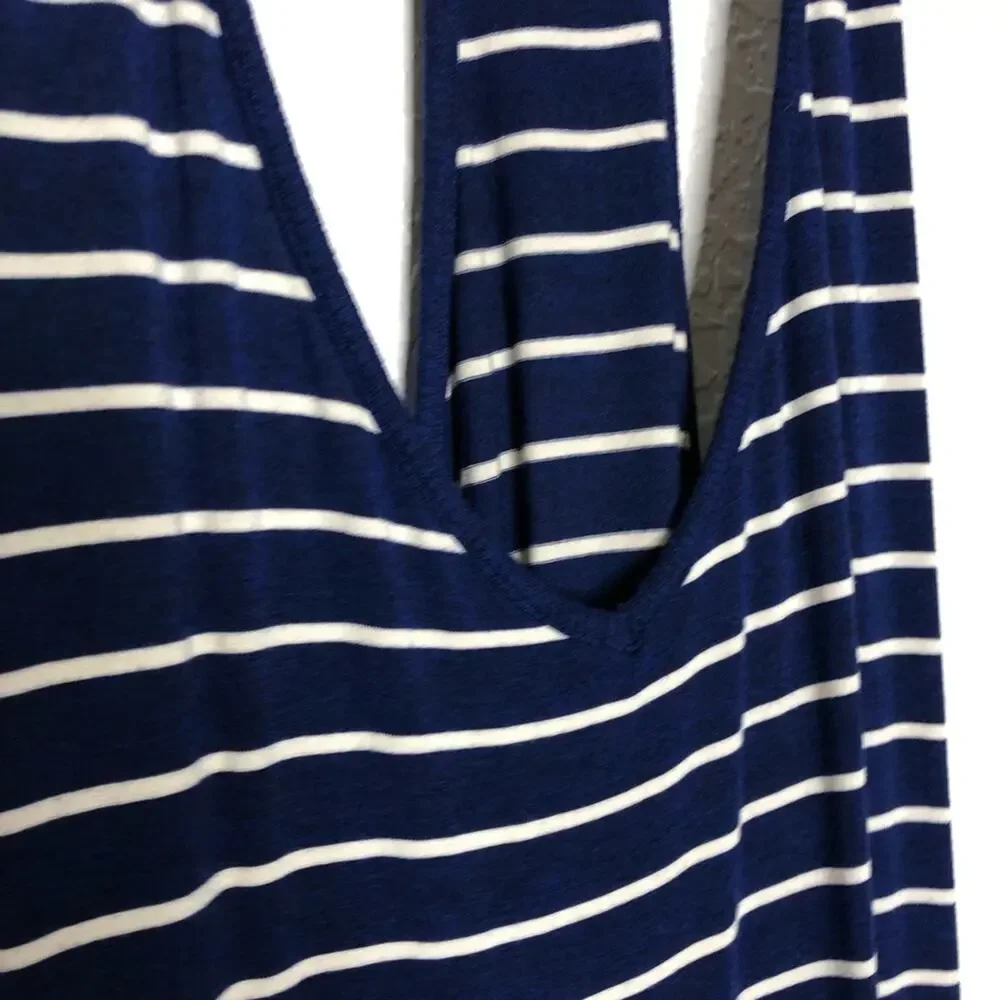 Athleta blue white striped ruched skirt racerback tank midi dress size Medium